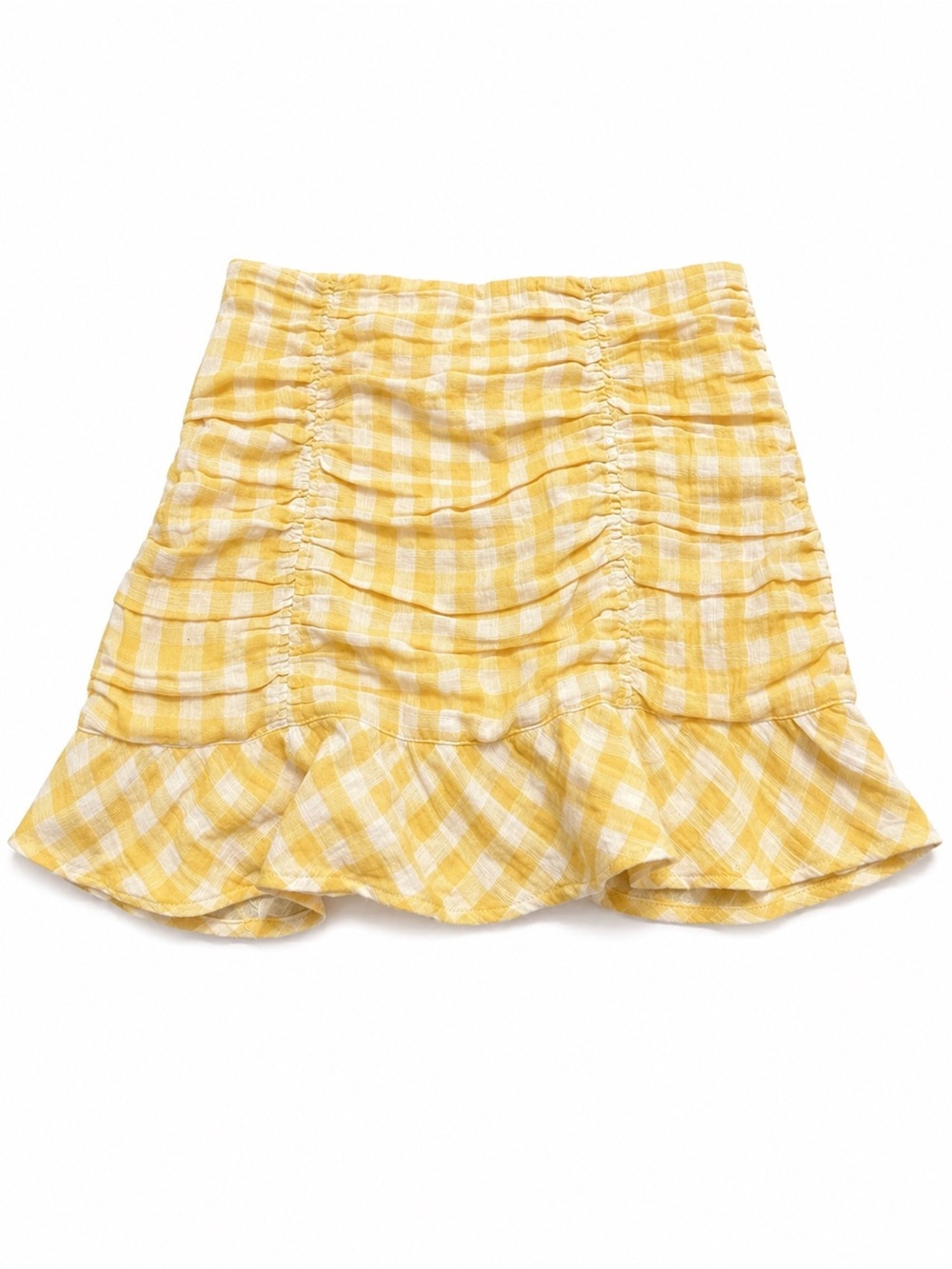 Zara Yellow Gingham Ruched Ruffle Mini Skirt Size Medium